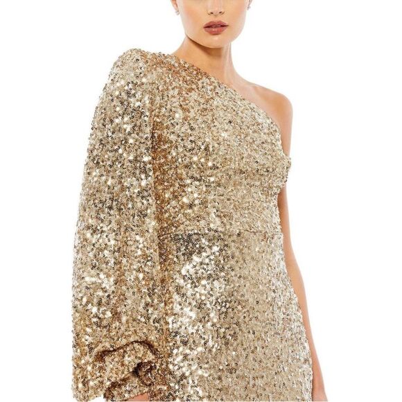 Mac Duggal 26717 Size 16 Gold Sequin Asymmetrical One Shoulder Maxi Dress Gown - Picture 6 of 7